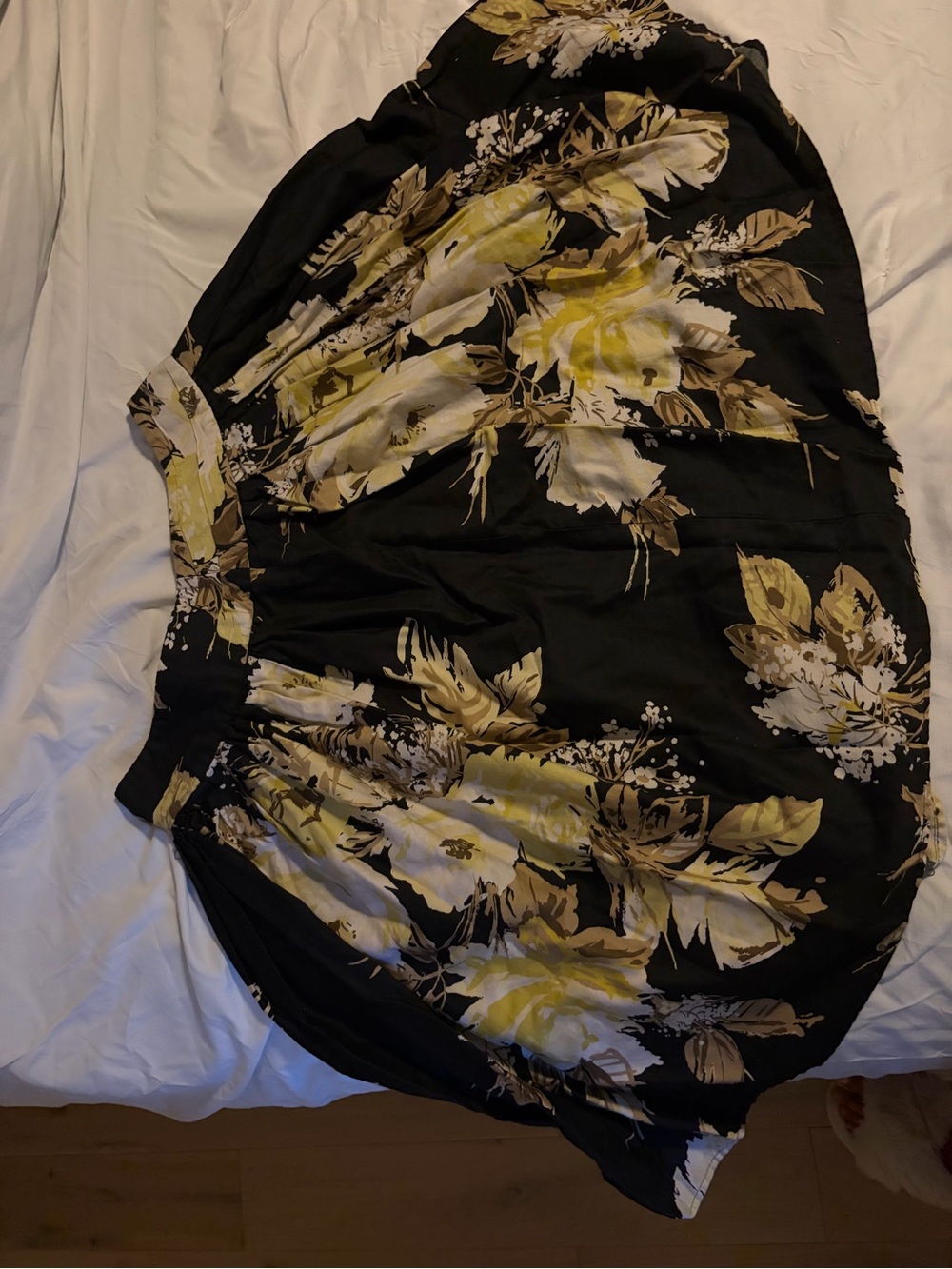 LOFT Black Floral Midi Skirt with Yellow and Cream Blooms
